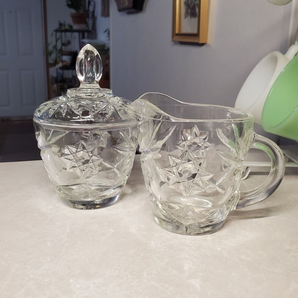 Anchor Hocking Early American Prescut Glass EAPC Clear Sugar Bowl, Lid & Creamer